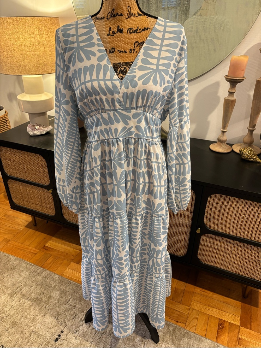Source Unknown Light Blue & White Printed Maxi Dress